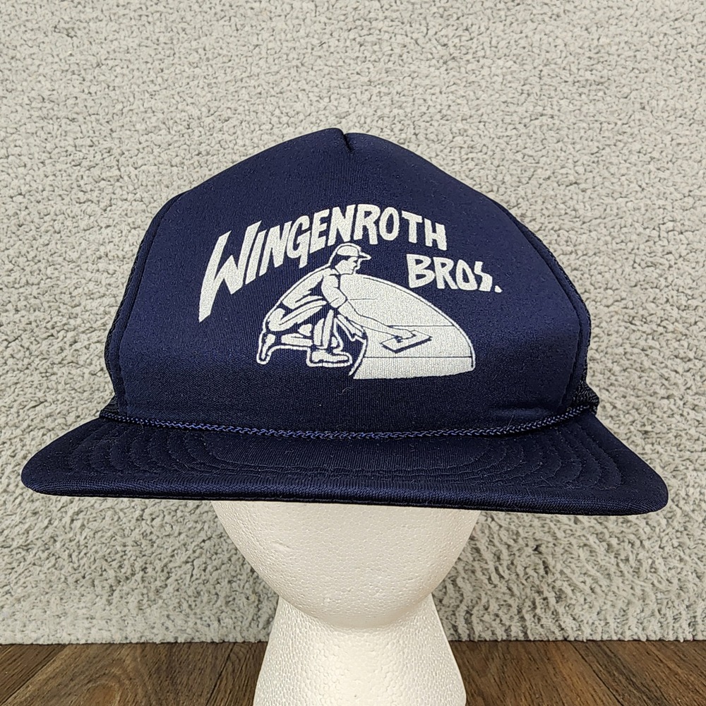 Vintage‎ Wingenroth Bros Trucker Hat Navy Blue Mesh Snapback Cap Construction